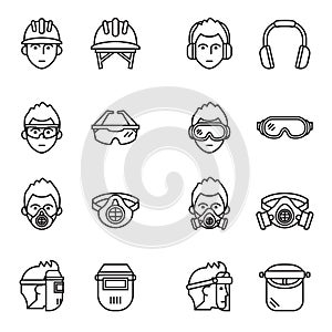 Safety, Protective Equipment icons set. Thin line style stock vector.