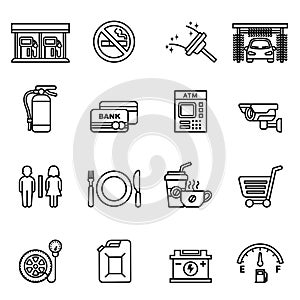 Fuel pump, gas station icons set. Thin Line Style stock vector.