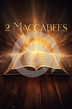 Book of 2 Maccabees. Open glowing Bible set on wood. Rays of golden light emanating from the book