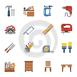 Carpenter elements or Woodworker flat color icons set 2. photo