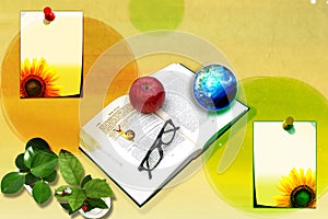 Book with an apple and planet