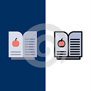 Book Apple, Science  Icons. Flat and Line Filled Icon Set Vector Blue Background