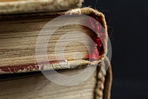 Book background. Stack of books in the library. Old yellow pages of paper books. Learning and knowledge