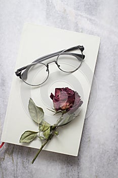 Book with beautiful dried rose and glasses