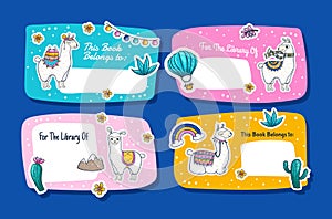 Book belongs to childish library education sticker lama cartoon character set blank vector