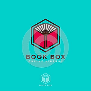 Book Box logo. Online book store. Digital library. Open book on a hexagon.