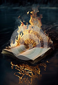 The book burns in the river. AI Generated