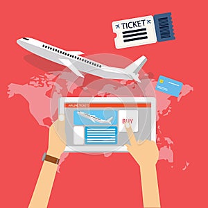 Book buy plane flight ticket online via internet for travel with tablet computer