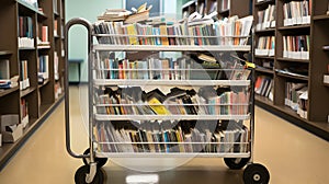 A book cart filled with novels in a school library created with generative AI