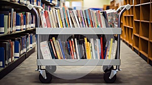 A book cart filled with novels in a school library one created with generative AI