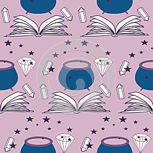 Book, cauldrom and magic elements in a seamless pattern design