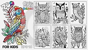 A book of children's coloring pages featuring birds. The pages are designed for kids and come in a set of six