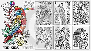 A book of children's coloring pages featuring birds. The pages are designed for kids and come in a set of six