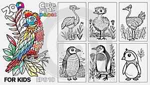 A book of children's coloring pages featuring birds and penguins. The pages are designed for kids and come in a set