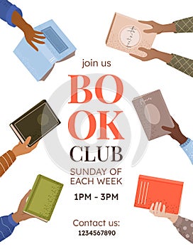 Book club poster with books and human hands.