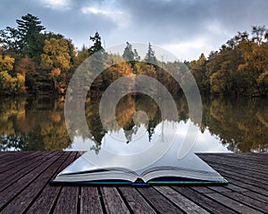 Book concept Beautiful vibrant Autumn woodland reflecions in cal