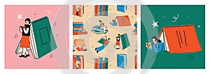 Book concepts set. Happy readers reading books and flying, laying , sitting everywhere. Flat trendy retro vector