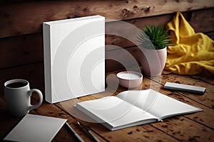 Book cover blank white vertical design template on a table, room interior