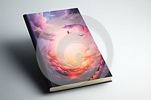 A book cover with a clouds, birds flying in the sunset sky. Copy space on cover.