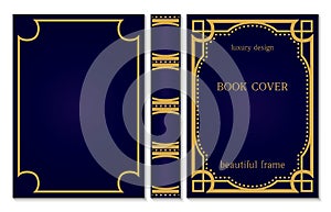 Book cover and spine design sample of template. Vintage frames. Art Deco Brochure design. Geometric pattern. Volume cover