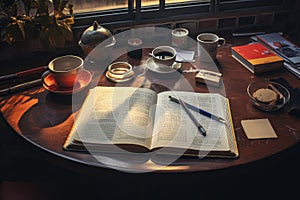 A book with a cup of coffee on a wooden table in the morning, afternoon, cozy working space, reading table