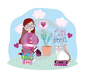 Book day, teen girl with cat books plant in grass