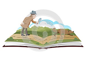 Book about detective with magnifying glass and tracker dog