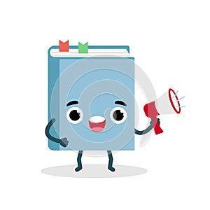 Book emoji character shouting into a megaphone. Flat vector illustration for web and graphic design