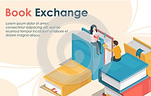 Book exchange isometric concept. Vector illustration. Bookcrossing poster template. Man and woman exchange books.