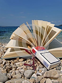 Book, eyeglasses, cigarette on beach