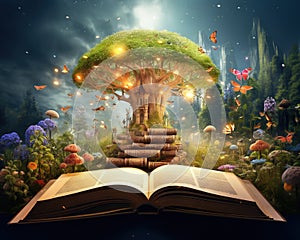 The Book of fantastic adventures is surrounded by a magic forest.