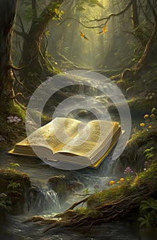 Generative AI: Book of fantastic adventures surrounded by magic forest it tells