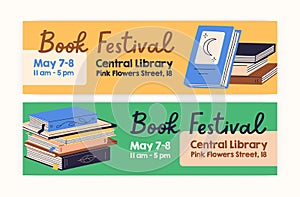 Book festival ad banner designs. Horizontal background with abstract literature for literary fair, reading and education