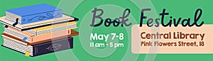 Book festival banner design. Ad background template for literary event, market, fair in library. Abstract literature photo