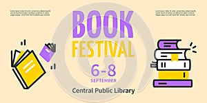 Book Festival Central Public Library Horizontal Placard Poster Banner Card Template. Vector