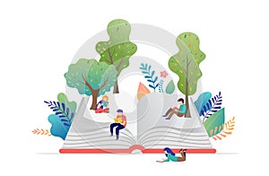 Book festival concept - a group of tiny people reading a huge open book. Vector illustration, poster and banner