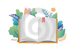 Book festival concept - a group of tiny people reading a huge open book. Vector illustration, poster and banner