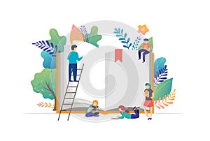 Book festival concept - a group of tiny people reading a huge open book. Vector illustration, poster and banner