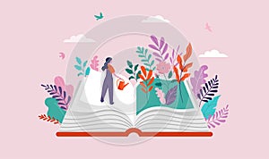 Book festival concept of the woman watering garden and reading an open huge book. Back to school, library concept design