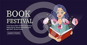 Book festival landing page. Woman reading story. Bookstore web poster. Dream day for children bookworm. Online library