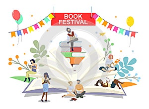 Book festival poster banner vector template. People reading books. Literature event.