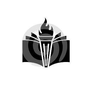 Book with fiery torch concept university education or library emblem, icon web, vector logo illustration design