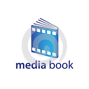 Book and the film strip logo. Blue Multimedia icon.