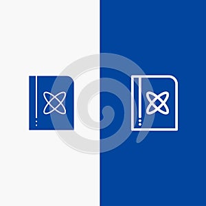 Book, Formula, Physics, Science Line and Glyph Solid icon Blue banner Line and Glyph Solid icon Blue banner