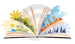 Book four seasons summer, winter, spring, autumn. Open book with different season on pages. Reading fantasy storybook