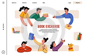 Book gift swap landing page. Library exchange or bookstore sale day. Website UI. Education festival. Literature public