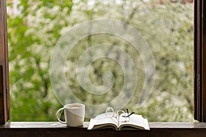 Book, glasses, cup of tea and red tulips on a wooden window. Read and rest.