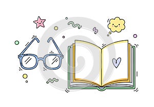 Book and Glasses Illustration with Doodle Elements