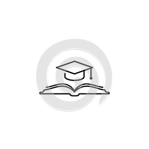 Book with graduation cap or mortar board. Line icon Isolated on white. Flat reading icon