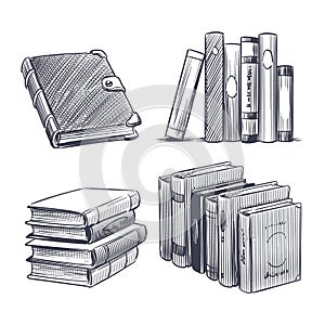 Book hand drawn. Monochrome notebooks sketch. Library and bookstore drawing elements. Engraving stack of textbooks